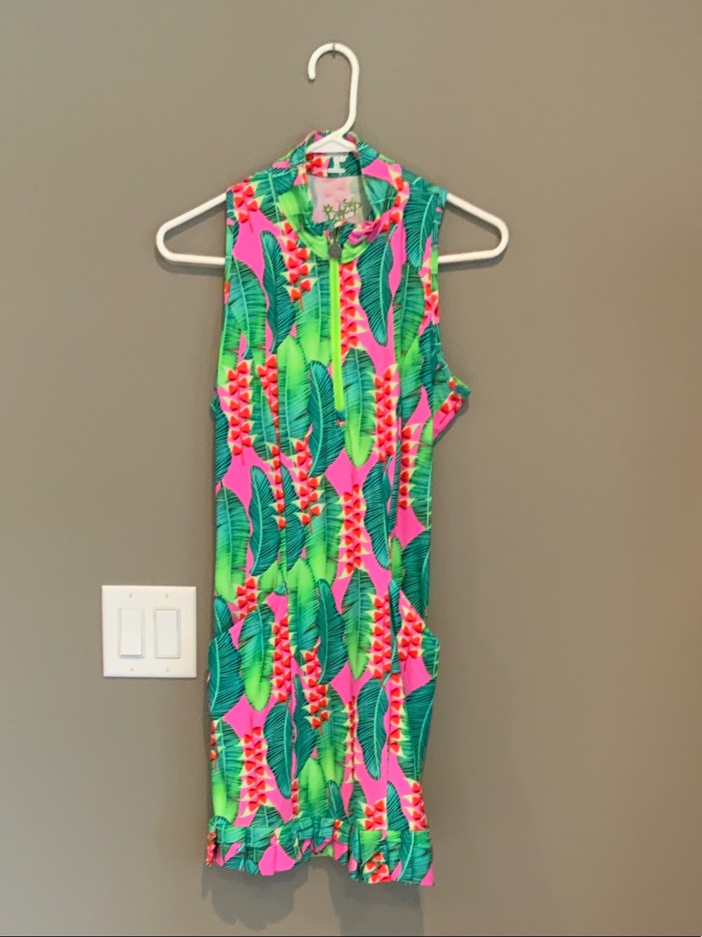 Tzu Tzu Tropical Leaf Print Mini Dress in Pink and Green